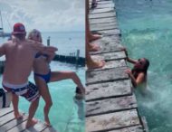 Известный блогер подшутил над своей возлюбленной, столкнув ее в аквариум с акулами