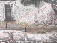 В Киеве мужчина косил газонокосилкой траву в снегу