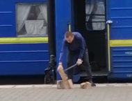 Проводник Укрзализныци рубил дрова на перроне станции