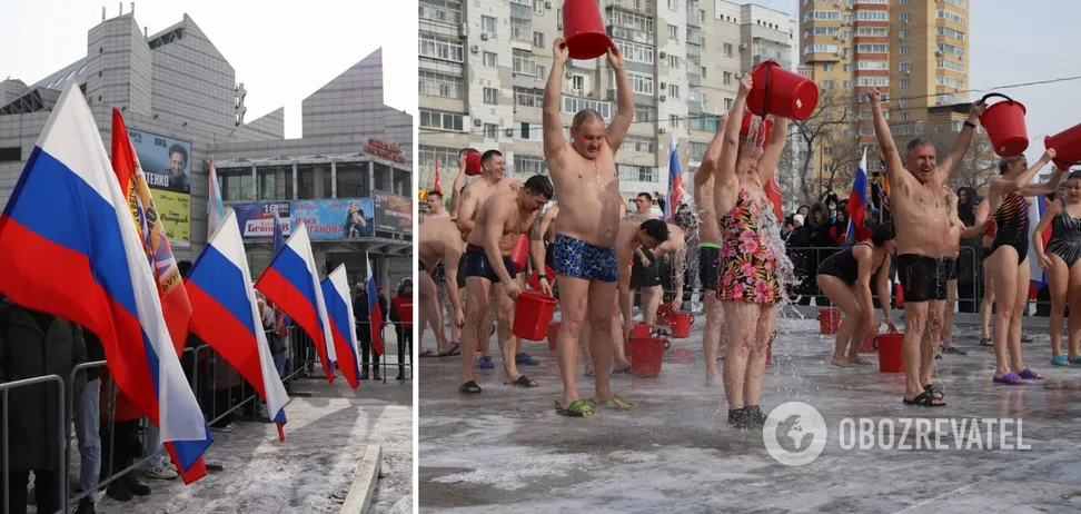 Обливались холодной водой в знак поддержки войны: в российском Благовещенске устроили странную акцию. Фото и видео