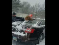 Американець очистив машину від снігу своїм сином (відео)